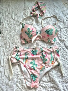 Marilyn Monroe Pink Gingham Cactus Print Bikini Set